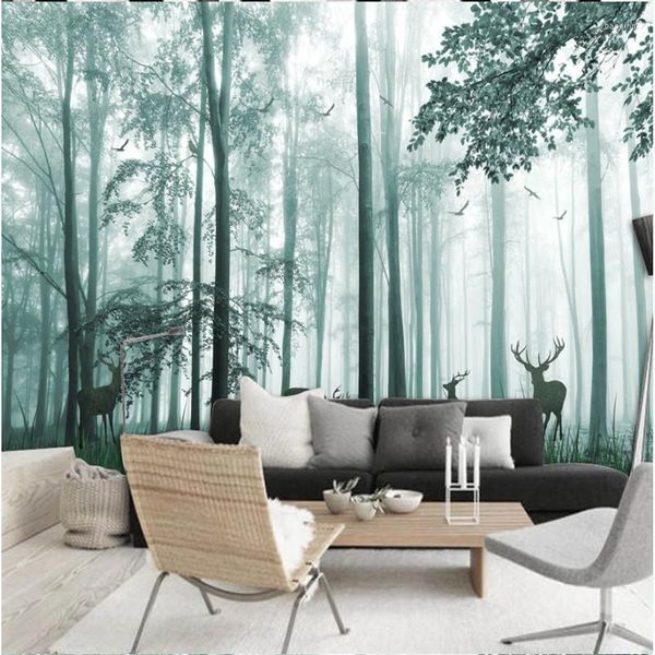 Tapeten Fantasy Misty Forest Wandbild für Wohnzimmerwände 3D Aquarell Wald Elche und Vögel wandern große Bäume Wandmalereien