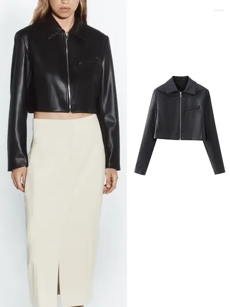Kadın Ceketler 2023 Kadın Sahte Deri Kırpılmış Ceket Siyah Bombacı Vintage Uzun Kol Sonbahar Katlar Şık Kadın