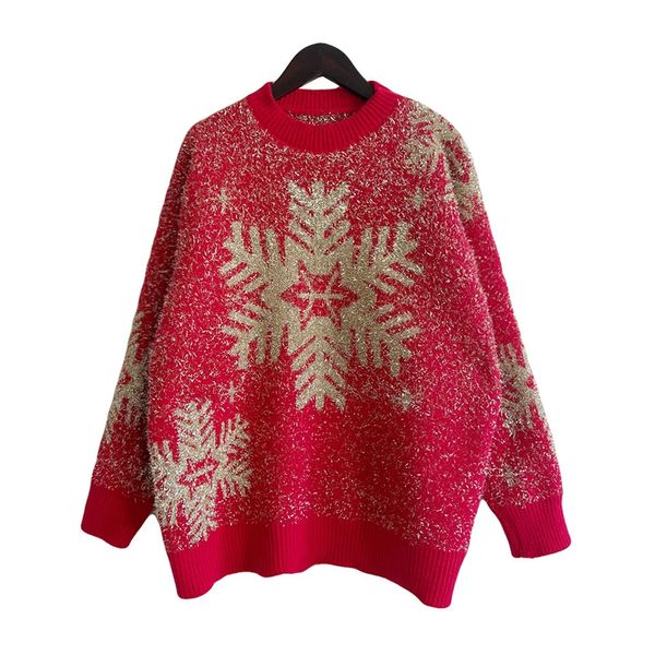 Maglioni da donna in fiocco di neve filo d'oro alce maglione di Natale donna autunno inverno rosso lavorato a maglia o collo pullover anno vestiti 231115