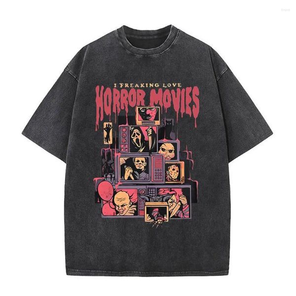 T-shirt da uomo Anime Film horror T-shirt stampata da uomo T-shirt in cotone effetto lavato retrò T-shirt Hip Hop Harajuku gotico streetwear