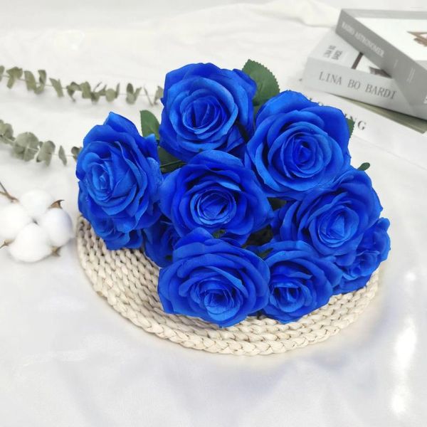 Flores decorativas el seda artificial falso buquê de rosas casamento floral decoração para casa simulação flor azul rosa rosas