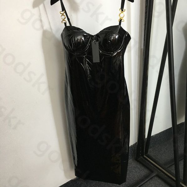 Moda PU Cortex Slip Dress Womens Luxury Gold Buckle Harness Saia Designer Sexy Zip Split Dress