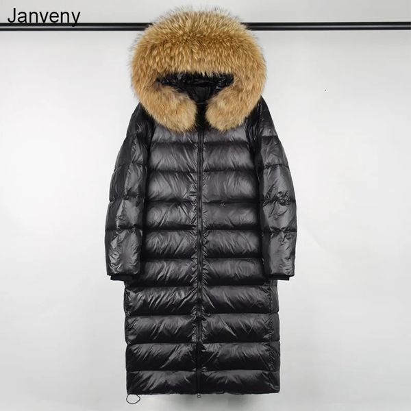 Женские пуховые парки Janveny, длинная куртка-пуховик с капюшоном из натурального меха енота, женские парки из блестящей лакированной кожи, зимнее пальто из 90% утиного пуха, водонепроницаемое 231115