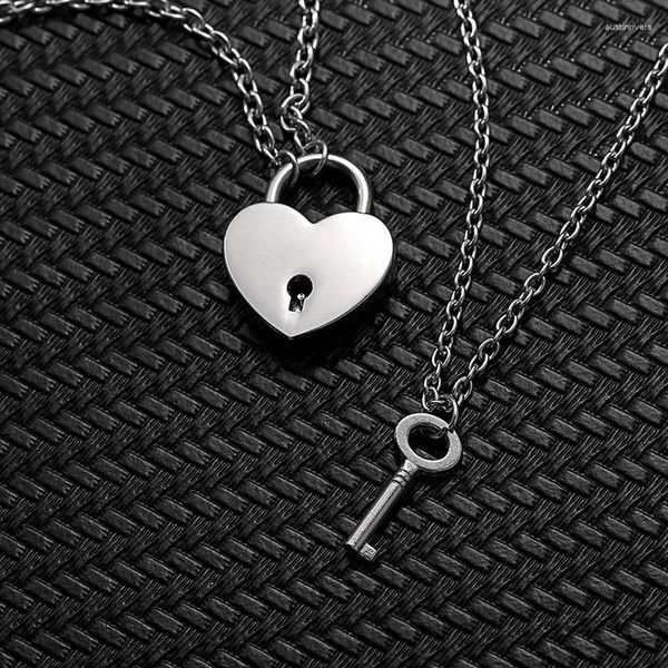 Colares de pingente 2 pcs amor chave bloqueio casal colar para mulheres homens aço inoxidável em forma de coração link corrente eterna jóias presentes