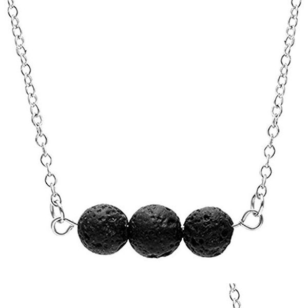 Colares Pingente Sier Cor de Ouro Preto Lava Stone Bead Colar Vulcanic Rock Aromaterapia Difusor de Óleo Essencial para Mulheres Dhgarden Dhso3