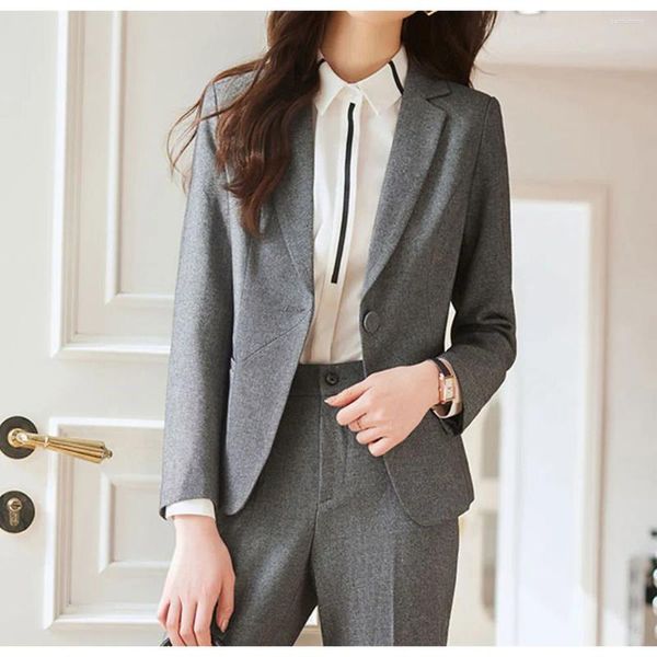 Zweiteilige Damenhose von Tesco, Grau, 2 Anzug-Sets, Slim-Fit-Blazer und Büro-Damen-Arbeitskleidung, formelle Hosenanzüge für Business-Outfit