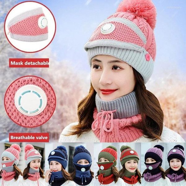 Boinas 3pcs/set lã de coral feminino chapé de máscara de lenço de lenço conjunto de pêlo quente inverno para manter o rosto mais quente