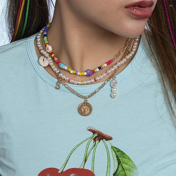 Anhänger Halsketten 2023 Boho Vintage Blume Künstliche Perle Farbe Perle Kette Halskette Für Frauen Mode Multilevel Shell Kopf Münze Schmuck