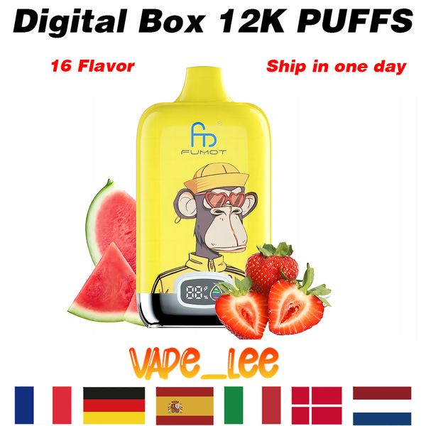 Original Random Fumote Digital Box 12000 Puffs Einweg-Vape 12K 850 mAh Typ-C-Aufladung 20 ml mit Batterie und E-Juice-Display 16 Geschmacksrichtungen 0 % 2 % 5 % E-Zigaretten