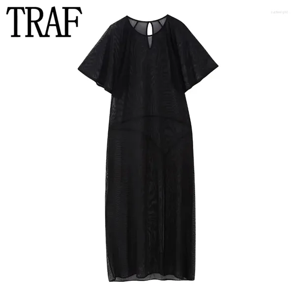 Vestidos casuais preto malha vestido mulher semi pura tule longo mulheres verão manga curta midi 2023 transparente sexy