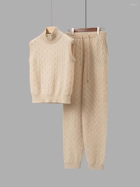 Pantaloni a due pezzi da donna Colletto alla coreana senza maniche Gilet maglione e coulisse Vita elastica Pantaloni lunghi Pezzi Set Maglia di cashmere intrecciata