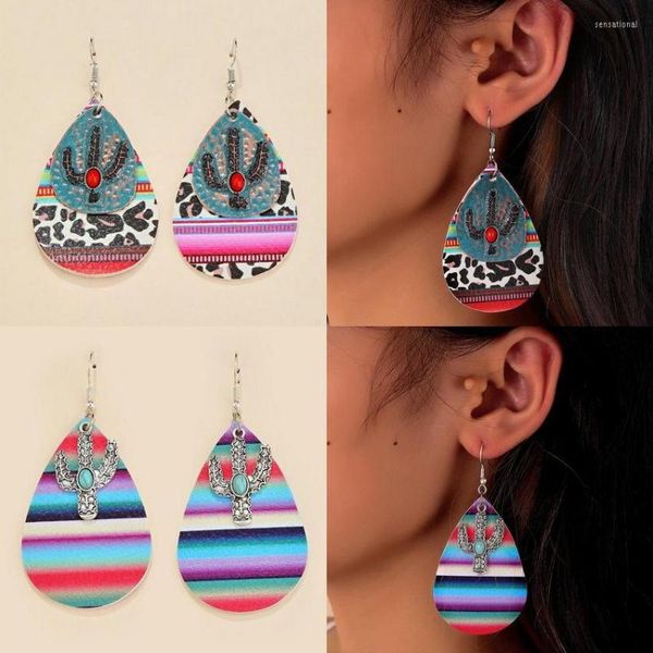 Orecchini pendenti Mixed Leopard Stripe Print PU Leather Teardrop Metallo turchese Cactus Drop per le donne 2023 Summer Boho Jewelry