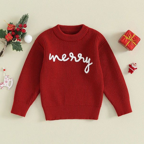 Pullover Kinder Weihnachtspullover Pullover Baby Mädchen Junge Strickkleidung Winter Langarm Rundhalsausschnitt Brief Warme Strickwaren Kind 231115