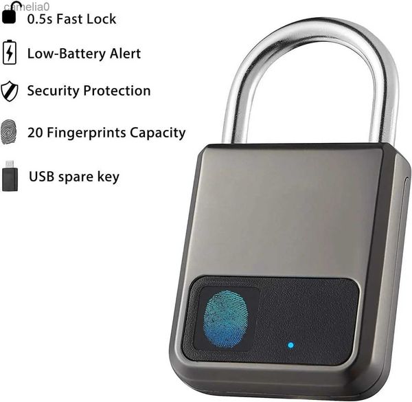 Bloqueio inteligente portátil de impressões digitais Tuya APP Pad Lock com porta de chave USB para emergência 1 ano de uso após uma vez ChargeL231116