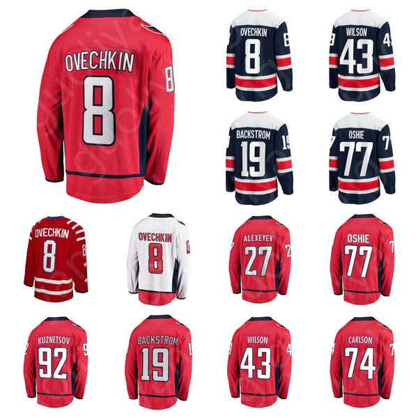 Camisas masculinas de hóquei recém-chegadas # 8 camisas OVECHKIN branco vermelho azul escuro # 43TOM WILSON # 77TJ OSHIE # 19NICKLAS BACKSTROM # 17DYLAN STROME camisa de jogador fora de casa