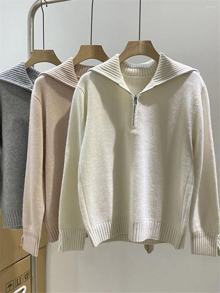 Suéteres femininos meio zip pulôver cashmere para mulheres inverno cor sólida solta casual top feminino