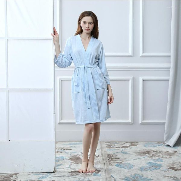 Damen Nachtwäsche Damen Hellblau Nachtwäsche Kimono Robe Soild Sommer Herbst Freizeit Baumwolle Bademantel Gürtel Elegant Badezimmer Spa