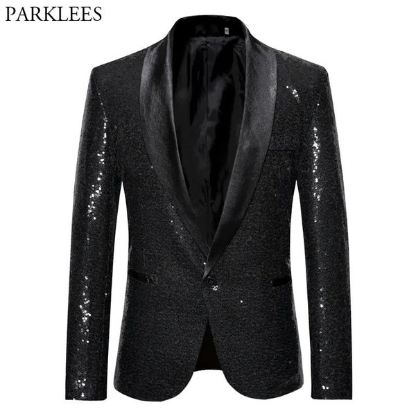 Ternos masculinos blazers preto lantejoulas um botão xale colarinho jaqueta homens bling glitter nightclub baile de formatura dj blazer jaqueta homens roupas de palco para cantores 231115