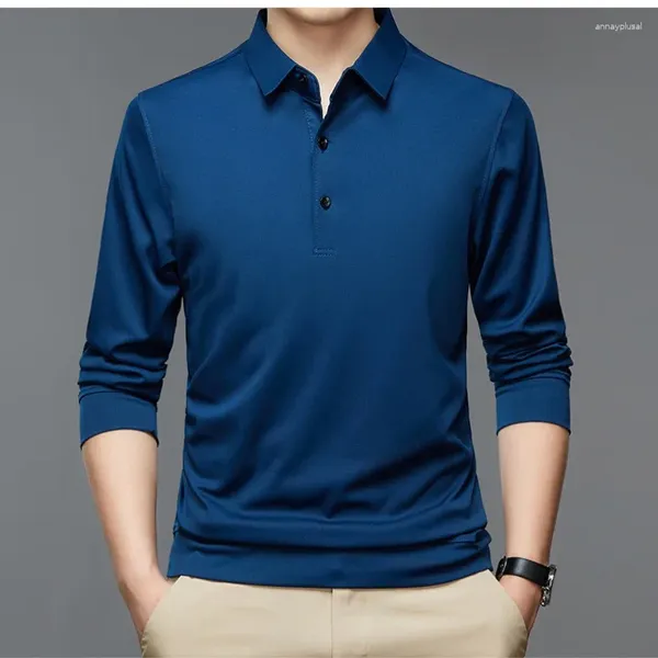 Herren Polos Frühling und Herbst Pullover Polo Button Solid Color Bottom Shirt Langarm T-Shirt Mode lässig formelle Tops