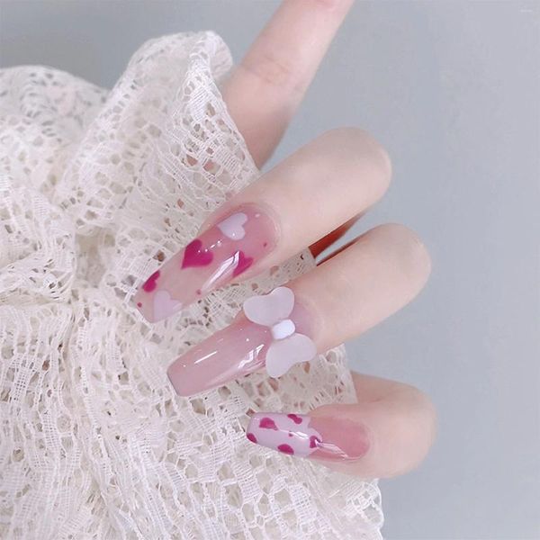 Unhas falsas rosa coração falso unhas mulheres cobertura completa vara artificial com cola diy em casa kit de manicure imprensa