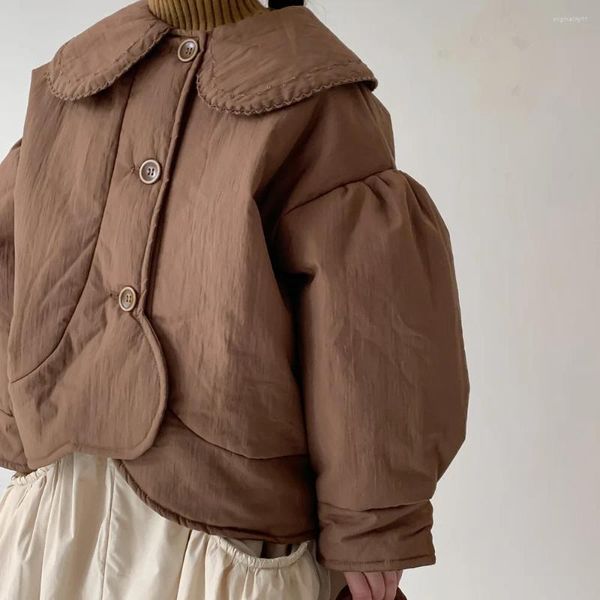 Piumino coreano invernale per bambini Ragazza Parka in cotone imbottito con colletto spesso girato Giacca da bambino Solido manica a sbuffo vintage per bambini