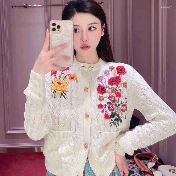 Kadın Sweaters Bahar Sonbahar Kadınlar Çiçek Nakamı Kazak Kaşmir Hartigans Twist Ceket Uzun Kollu Kısa Ceket Örgü Yün