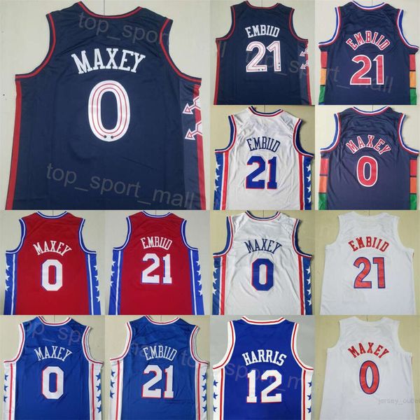 Stitched City Basquete Tyrese Maxey Jerseys 0 Joel Embiid 21 Tobias Harris 12 Cor da equipe Azul Marinho Branco Vermelho Preto Associação conquistada para fãs do esporte Top Quality