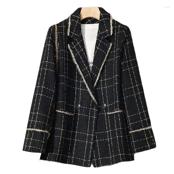 Ternos femininos senhoras casual blazer feminino outono inverno manga longa duplo breasted jaqueta preto treliça blazers feminino negócios formal casacos