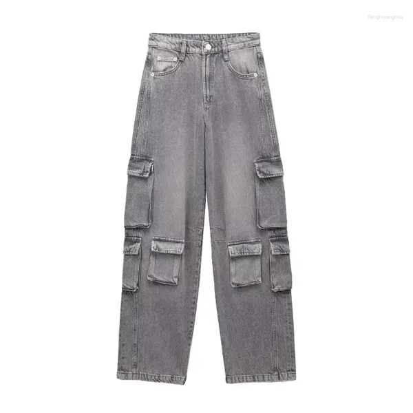 Damenjeans Herbst Distressed Straight Workwear-Stil Multi-Pocket verzierte lose Hose mit weitem Bein