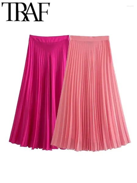 Saias rosa doce mulheres midi saia longa zíper lado cintura alta a linha feminina casual plissado jupe 2023 verão y2k