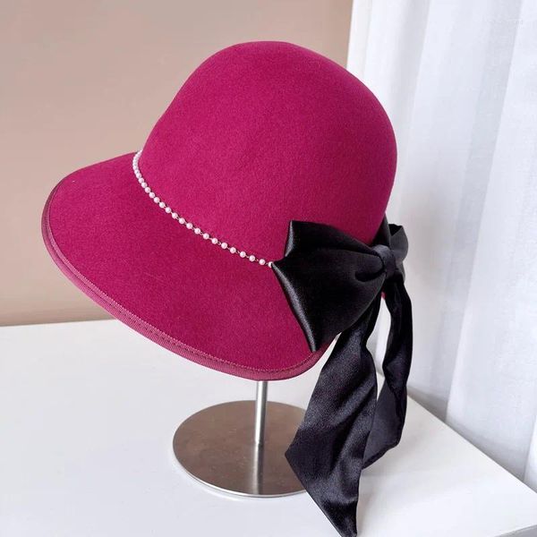 Береты, стильная и элегантная французская жемчужная цепочка, бант с завязкой на спине, вилка, шляпа-тазик, женская шерстяная шляпа с большими полями, рыбацкий топ