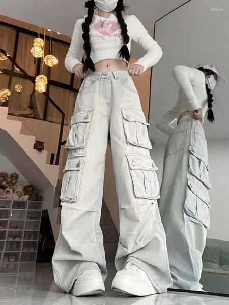 Jeans da donna Pantaloni cargo hip-hop lavati chiari Donna Y2k Baggy Design multitasche Casual e versatile Jeans a vita alta per