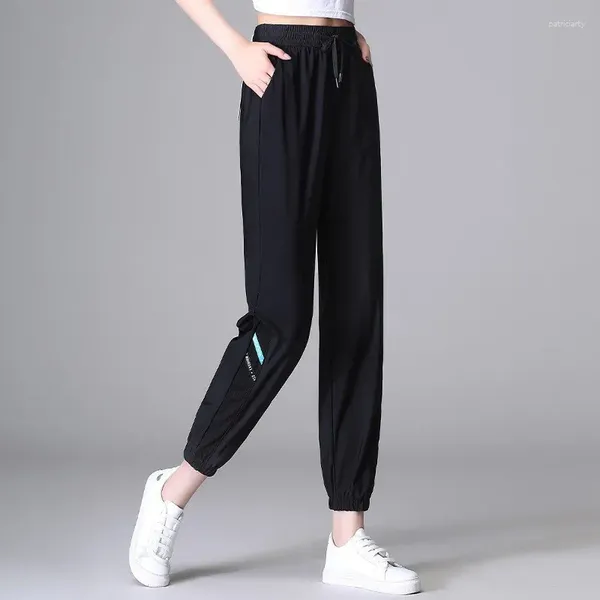 Calça feminina comprovam os esportes de seda de seda à prova de mosquitos para mulheres no estilo fino de verão com correias laterais. Casual Cropped do Small Man