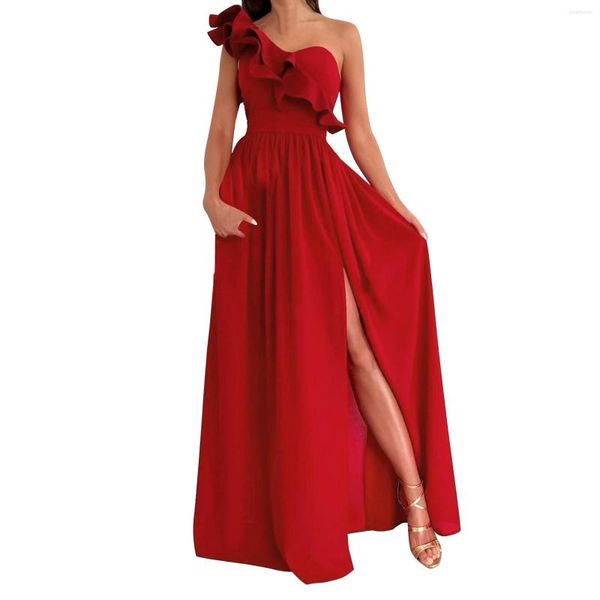 Lässige Kleider Elegantes Party Abendkleid Rot Sexy Rüschen Eine Schulter Ärmel Hoch Split Robe Femme Kirche Für Frauen Sommer Vestidos