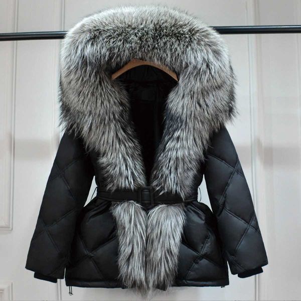 Luxus Große Natürliche Fuchs Pelz Kragen Mode Ente Unten Jacke Frauen Winter Weibliche Puffer Mantel Schlank Parkas Mit Gürtel