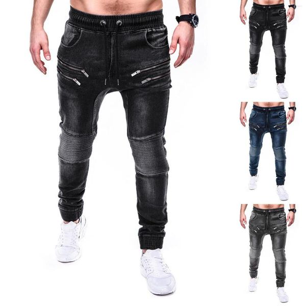 Jeans masculino calça calça de bolso cinto de cordão sólido de dedão esbocada com espuma