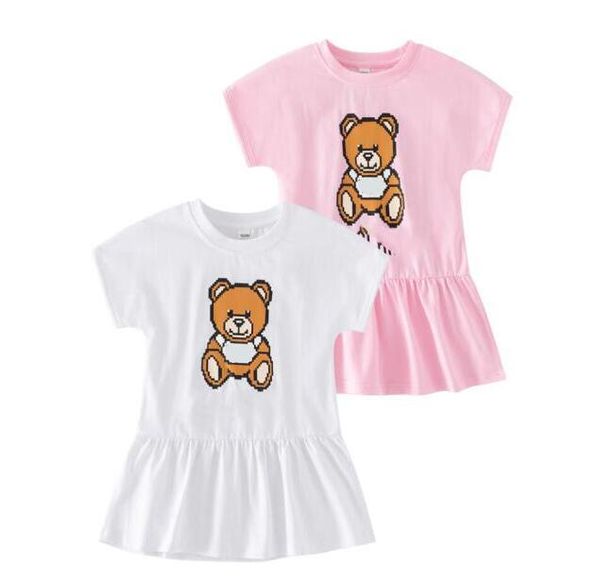 Bebê meninas vestido de marca verão letras estampadas desenhos animados vestidos de urso crianças vestido de manga curta algodão saias menina roupas infantis
