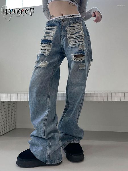 Damen Jeans Weekeep Street Style Damen Vintage hohe Taille zerrissen Y2k Cargo Harajuku Grunge 2000er Jahre Damen Jeanshose Baggy Casual