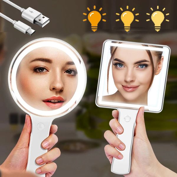 Specchi compatti Specchio per trucco USB con luce a LED Specchietti compatti con maniglia Vanity Round Portatile da viaggio Smart Make Up Touch Screen Miroir 231116