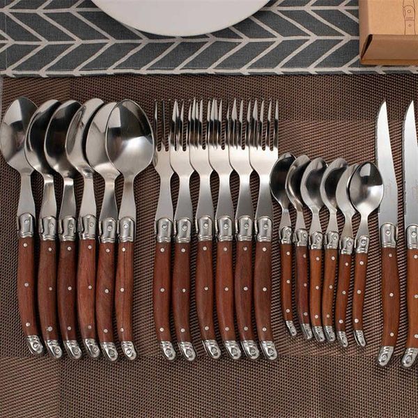 Conjunto de talheres laguiole, 24 peças, cabo de madeira, facas de bife de aço inoxidável, louça japonesa de madeira, acessórios de cozinha x0328n