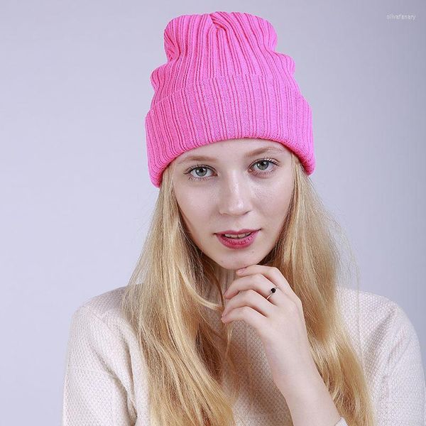 Berretti Beanie/Skull Caps Autunno e inverno tinta unita a righe arricciatura doppio strato donna cappello di lana lavorato a maglia sci all'aperto caldo antivento