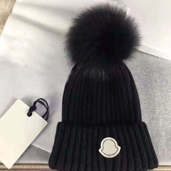 dapu Cappello lavorato a maglia in lana da donna con palla di pelo di volpe ricamato cappello lavorato a maglia berretto invernale da uomo con protezione calda per le orecchie