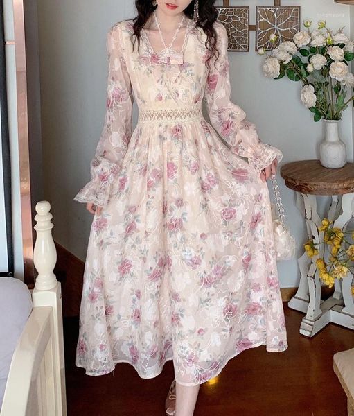 Casual Kleider Frühling Sommer Langes Kleid Rosa Kwaii Nette Süße Frauen Drucken Koreanische Mode Blumen Patchwork Party