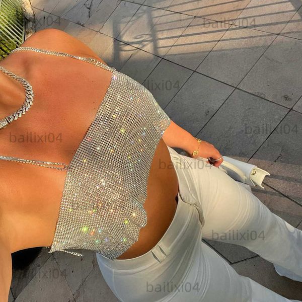 Damen Tanks Camis Kristalle Frauen Sexy Crop Top Rückenfrei Bling Metallic Pailletten Glänzend Niedlich Tank Top Weste Strass Nachtclub Party Sommer Camisole T230417