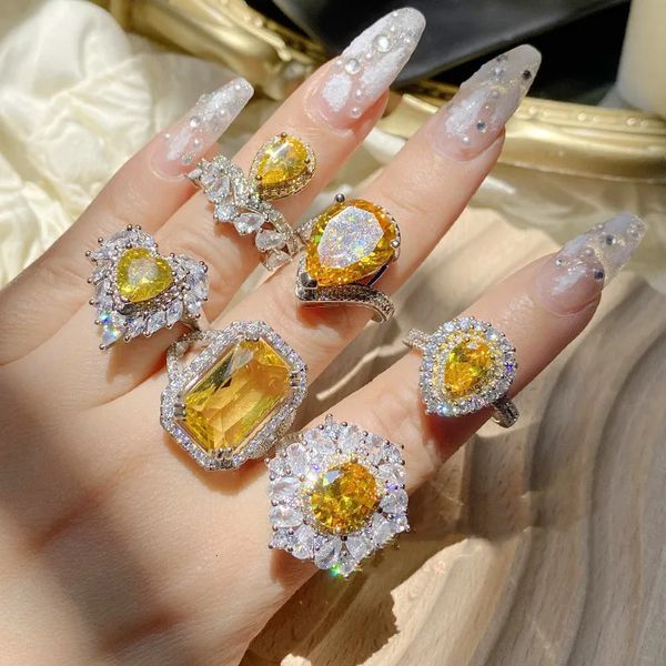 Anéis de casamento 6 estilo elegante mulheres 925 anel de prata esterlina amarelo cristal laboratório diamante geométrico dedo requintado noiva jóias 231117