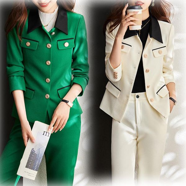 Pantaloni a due pezzi da donna 2023 Autunno Inverno Formale da donna Blazer bianco Abiti da lavoro da donna Set beige Abbigliamento da lavoro Uniforme da ufficio Taglia 4XL