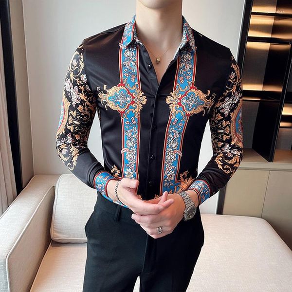 Camisas casuais masculinas Designer de marca Men Floral Shirt Dress Dress Luxury Paisley Impressão de manga longa Blusa Homme Fashion Caso masculino