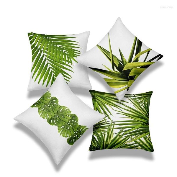 Kissenbezüge, 4 Stück, Heimdekoration, warme grüne Palme, bedruckter Kissenbezug, Set mit 4 dekorativen Bezügen mit tropischen Blättern
