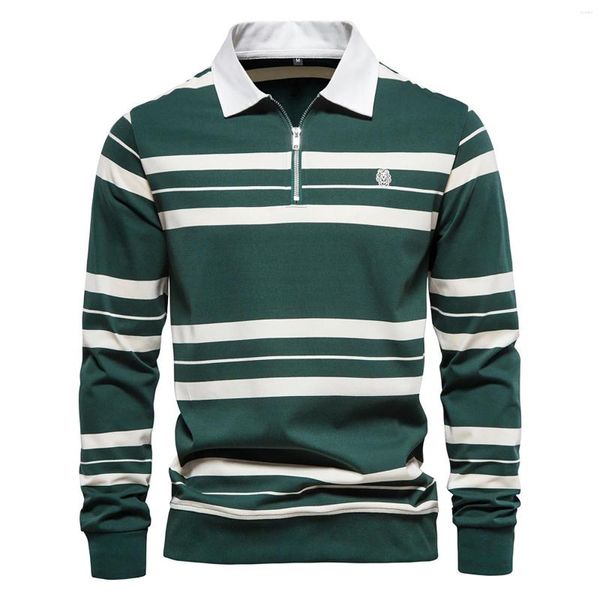 Camisetas masculinas 2023 Cotton Stripe Men Polo de manga longa Camiseta de primavera para tops de alta qualidade Camiseta