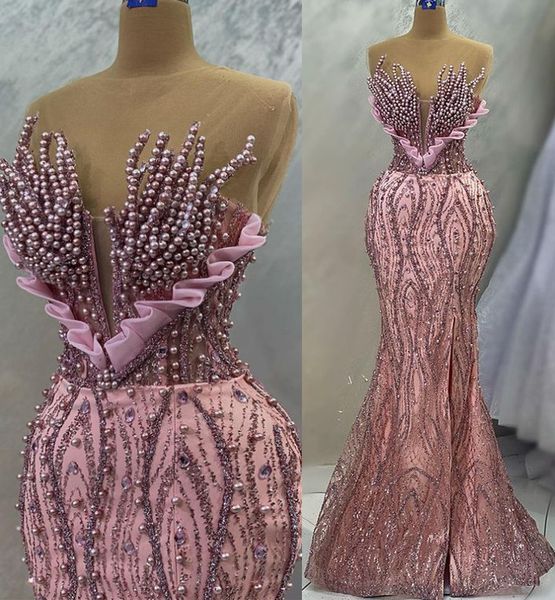 2023 апрель Асо Эби розовый платье русалки с жемчугом кристаллы вечернее формальное вечеринка второй прием с днем ​​рождения платья платья